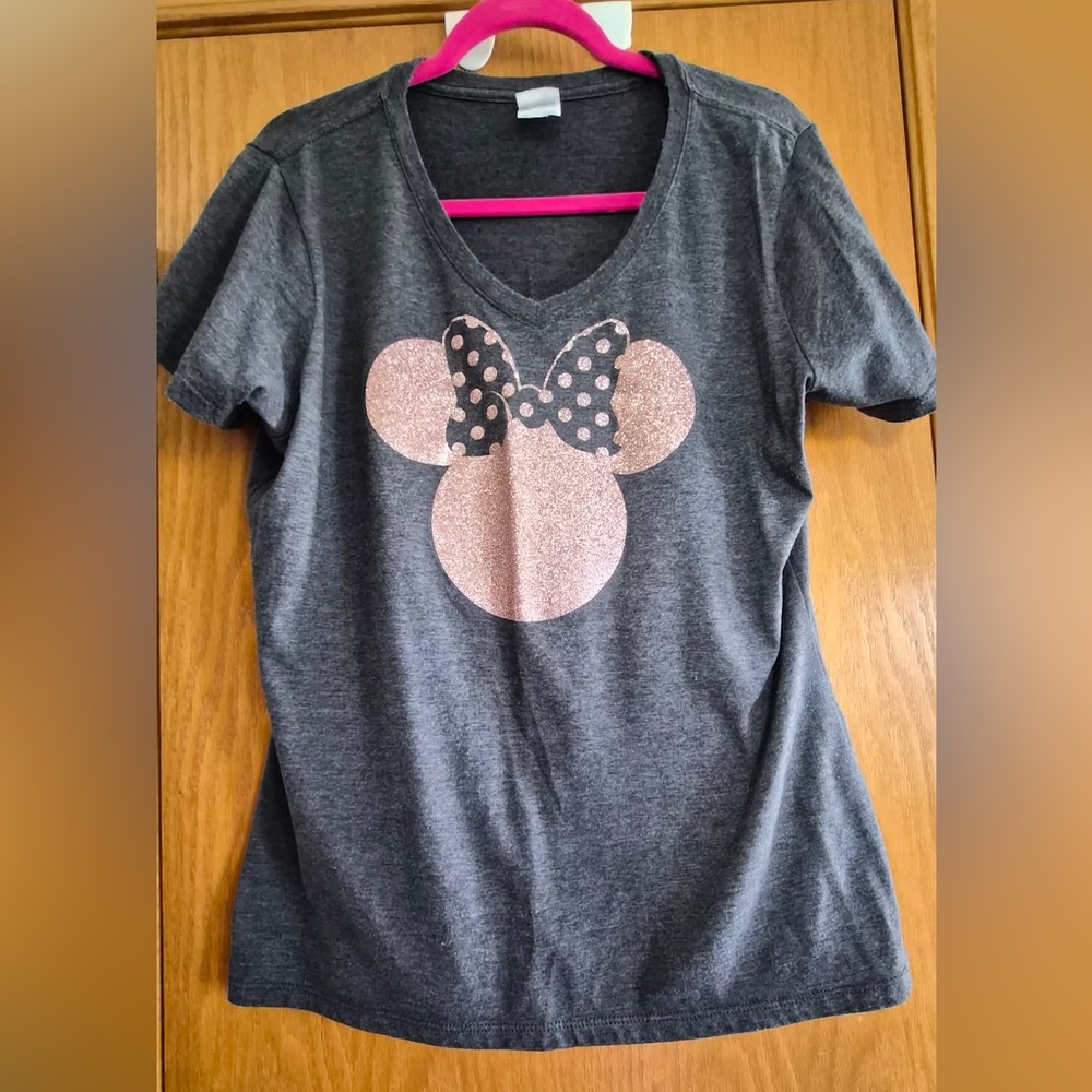 Women’s Dark Gray Disney Tee with Pink Glitter Minnie Mouse Bow Graphic